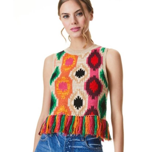 Alice + Olivia size S/ M Reva Aztec Fringe Peplum Knit Tank Top with Tassels - Picture 1 of 5